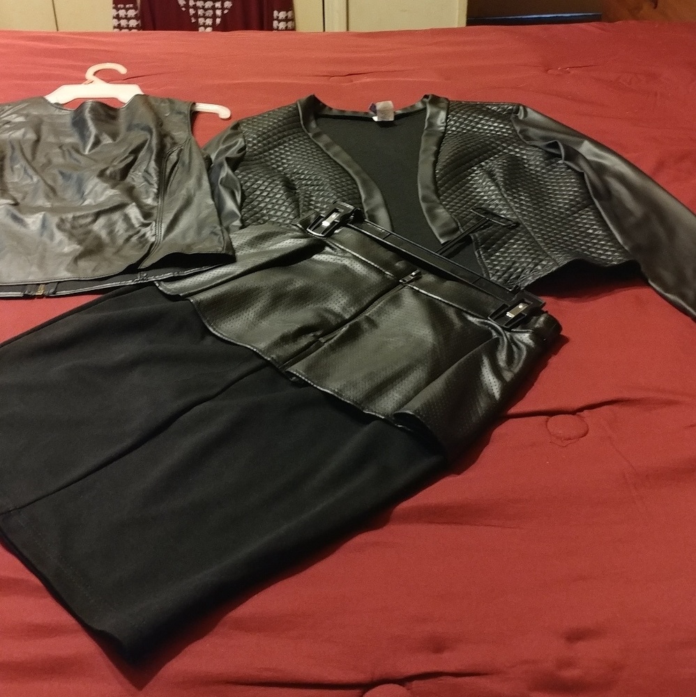 Faux leather outfit. skirt, vest and jacket.